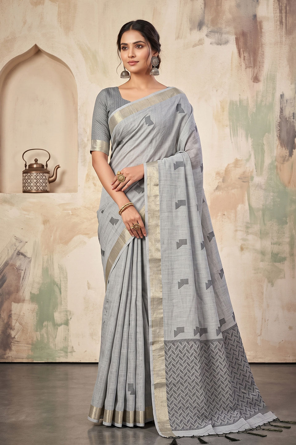 Grey Color Festive Style Linen Saree | Buy Online India