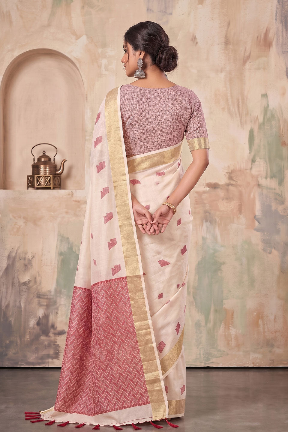 Cream Color Festive Style Linen Saree | Buy Online India