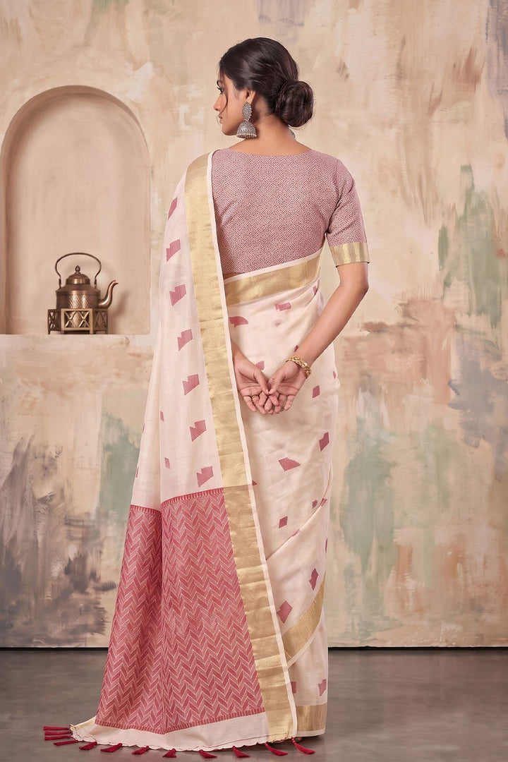 Cream Color Festive Style Linen Saree | Buy Online India