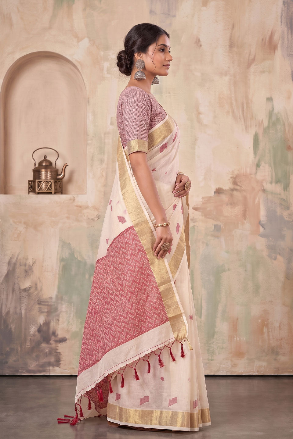 Cream Color Festive Style Linen Saree | Buy Online India