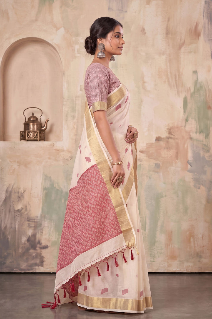 Cream Color Festive Style Linen Saree | Buy Online India