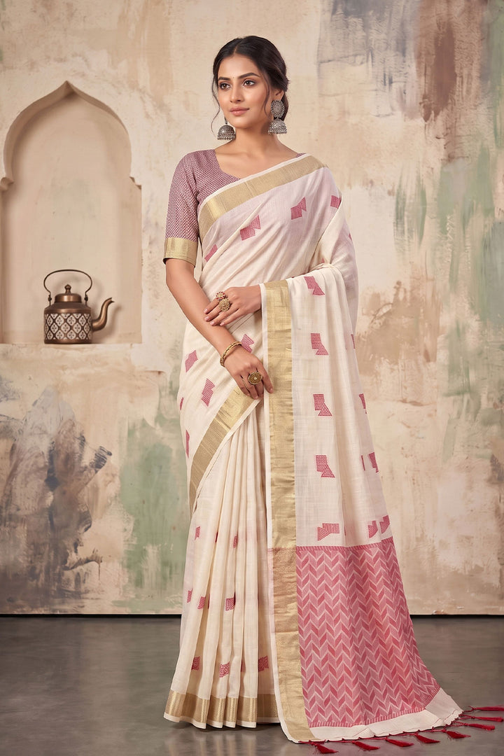 Cream Color Festive Style Linen Saree | Buy Online India