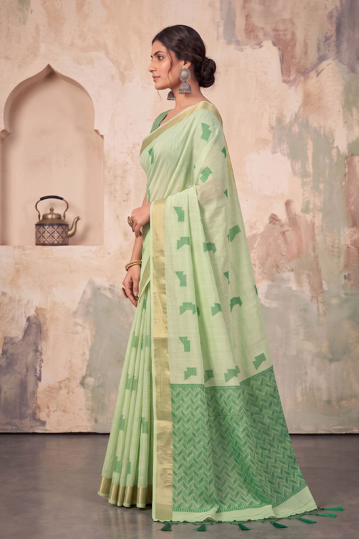 Linen Festive Style Sea Green Color Saree | Buy Online India