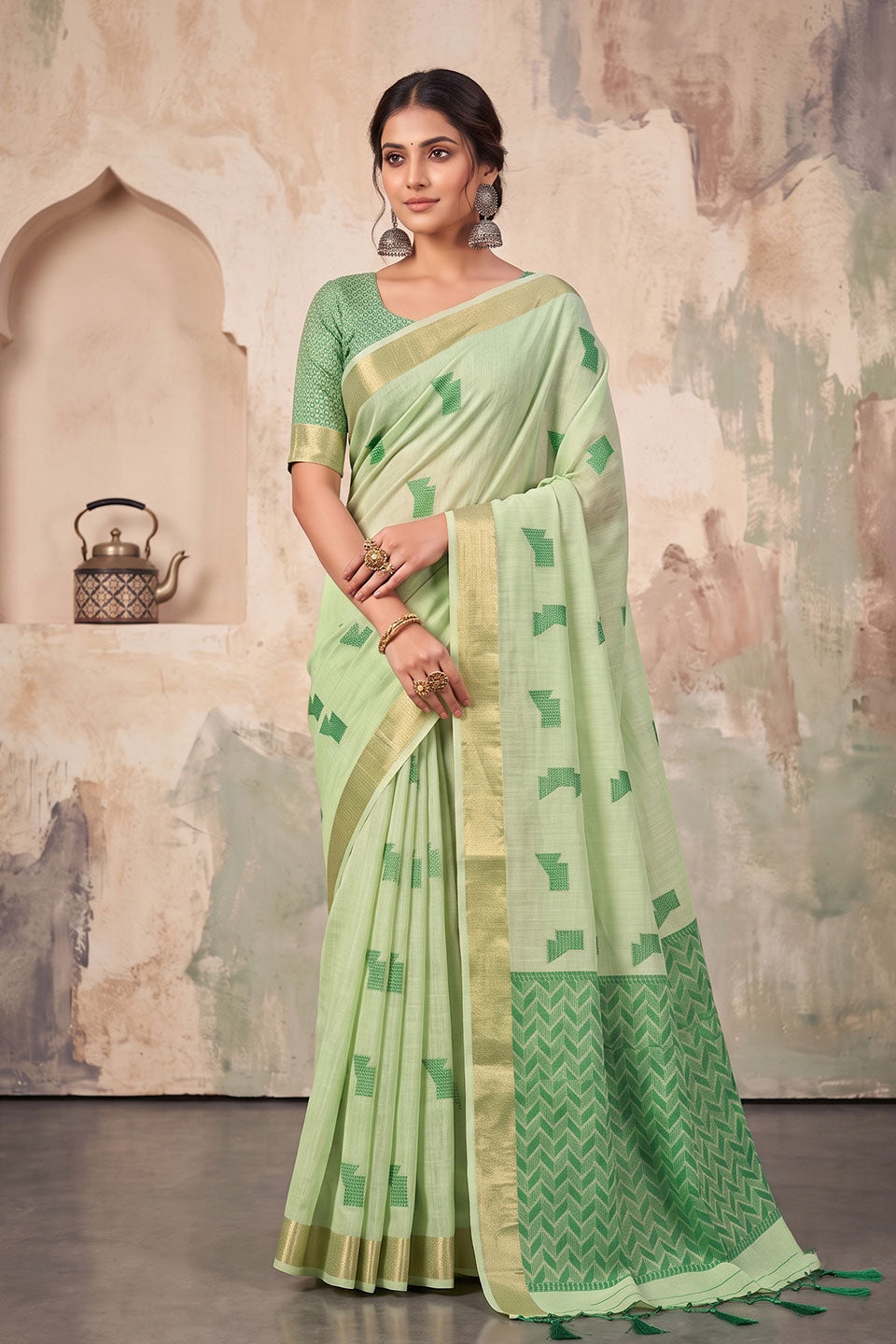 Linen Festive Style Sea Green Color Saree | Buy Online India