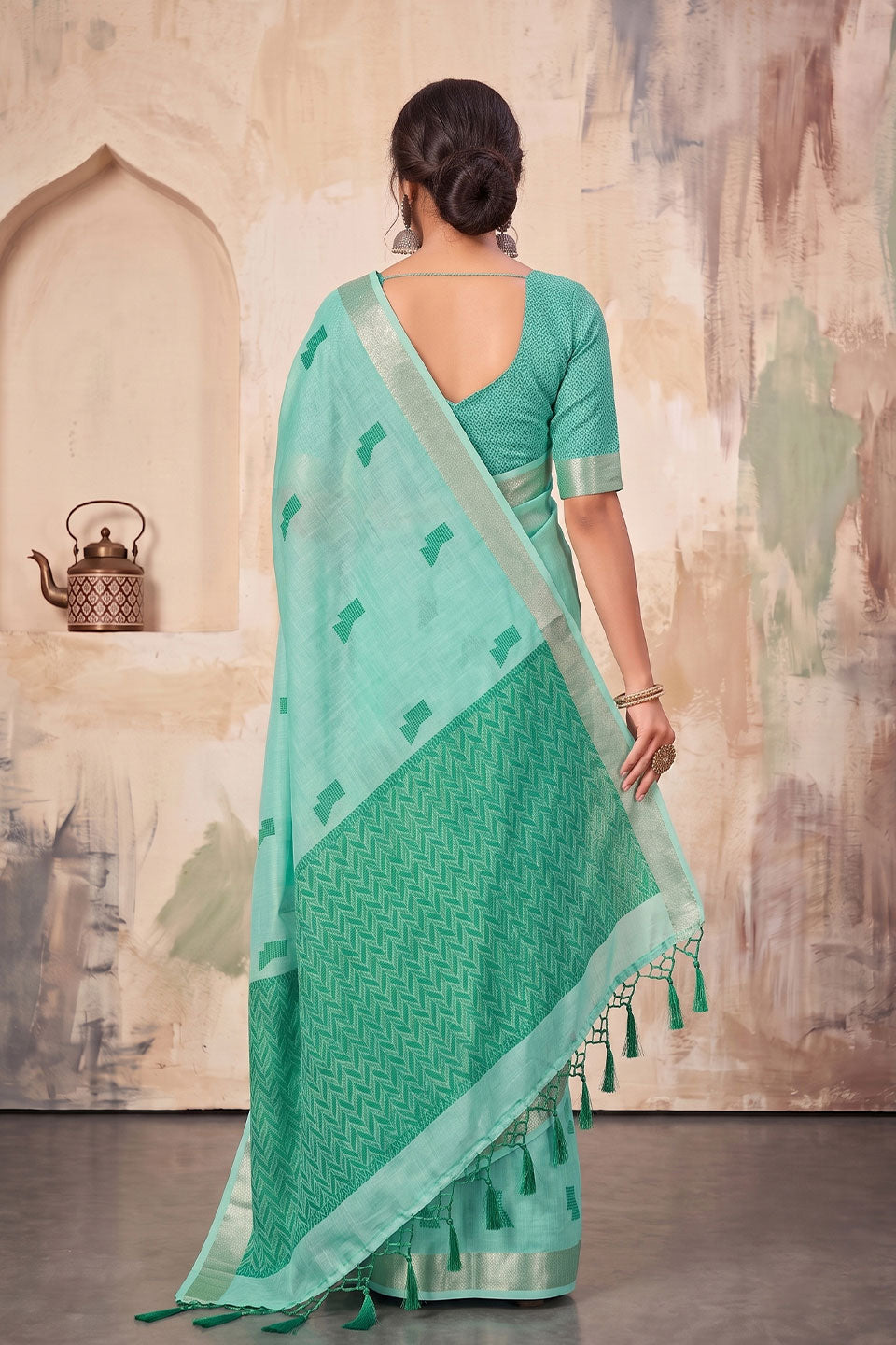 Linen Festive Style Saree In Green Color | Buy Online India