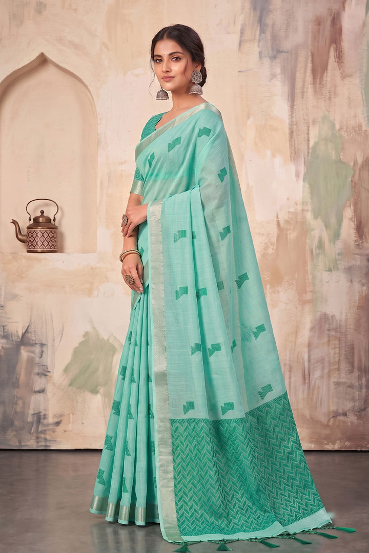Linen Festive Style Saree In Green Color | Buy Online India