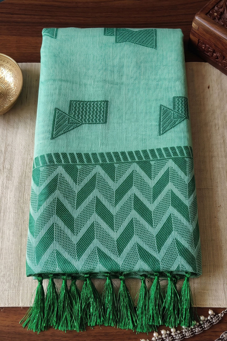 Linen Festive Style Saree In Green Color | Buy Online India