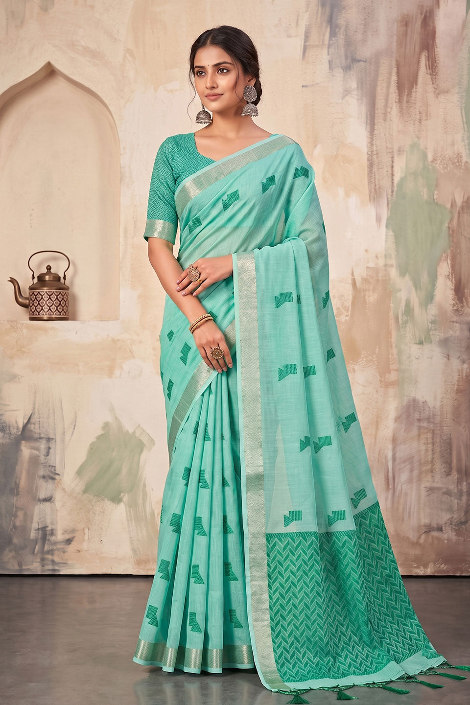 Linen Festive Style Saree In Green Color | Buy Online India