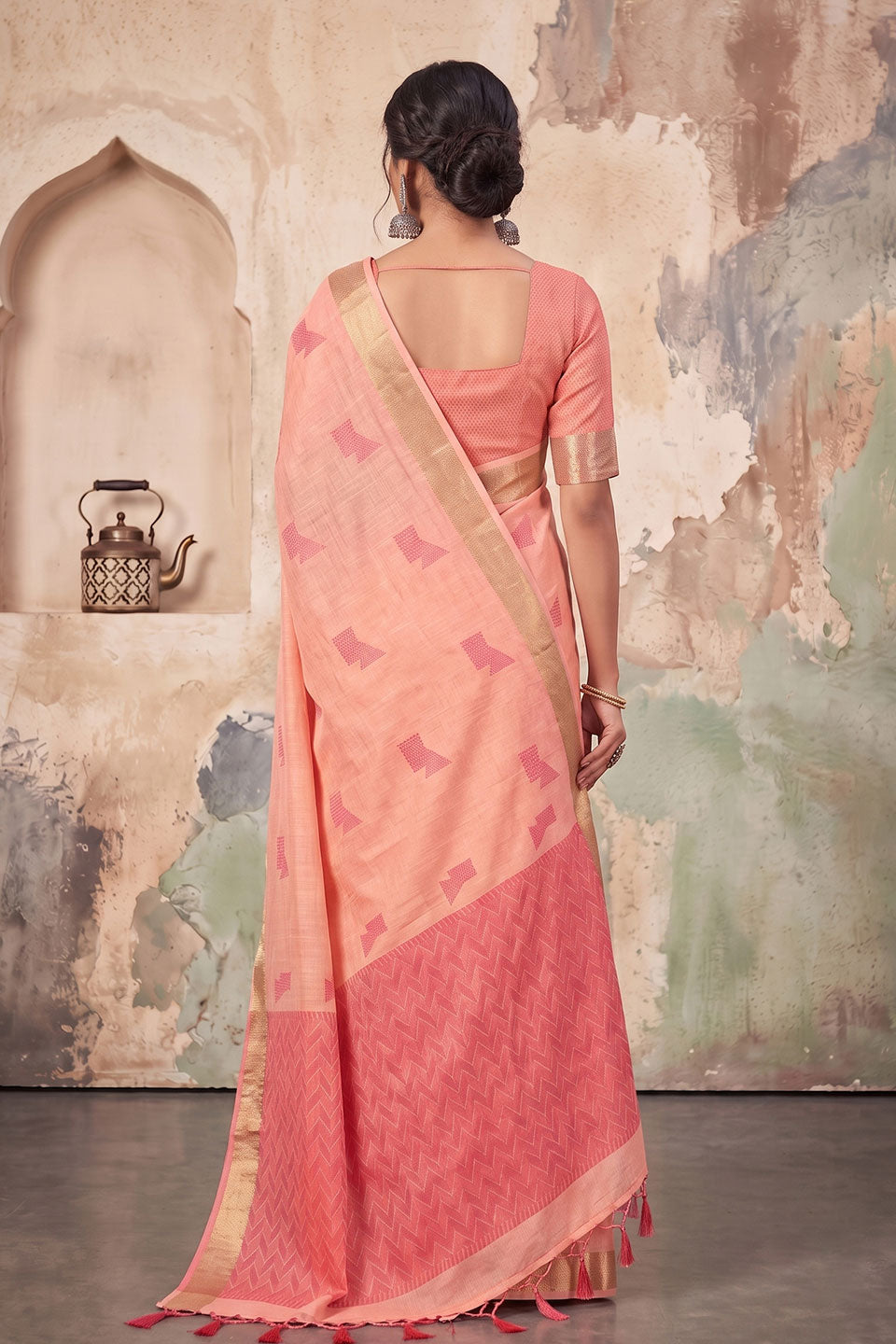 Festive Style Linen Peach Color Saree | Buy Online India