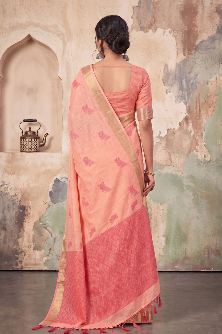 Festive Style Linen Peach Color Saree | Buy Online India