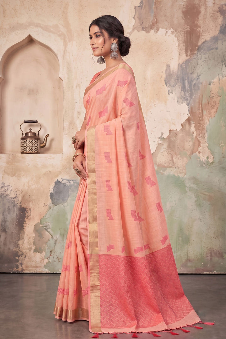 Festive Style Linen Peach Color Saree | Buy Online India
