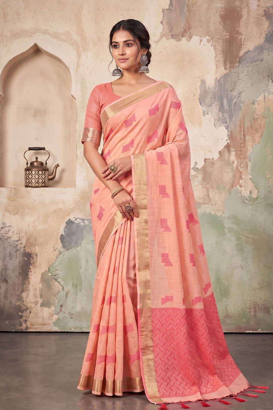 Festive Style Linen Peach Color Saree | Buy Online India