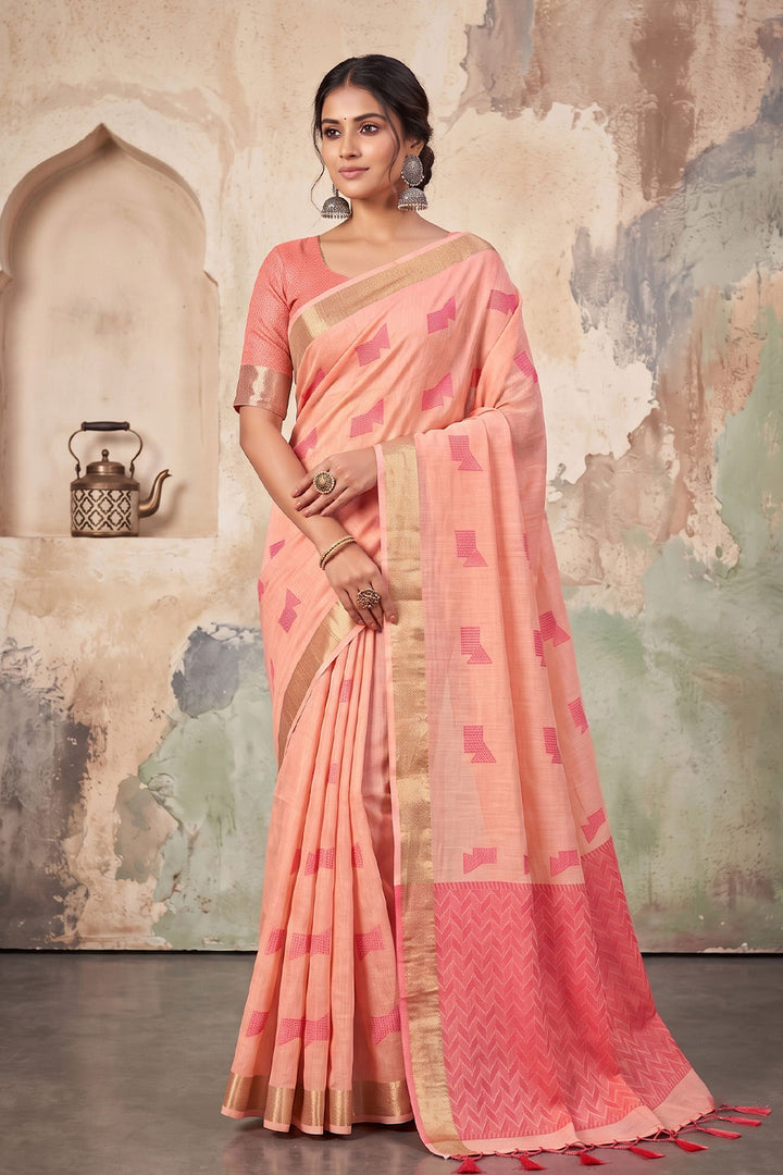 Festive Style Linen Peach Color Saree | Buy Online India