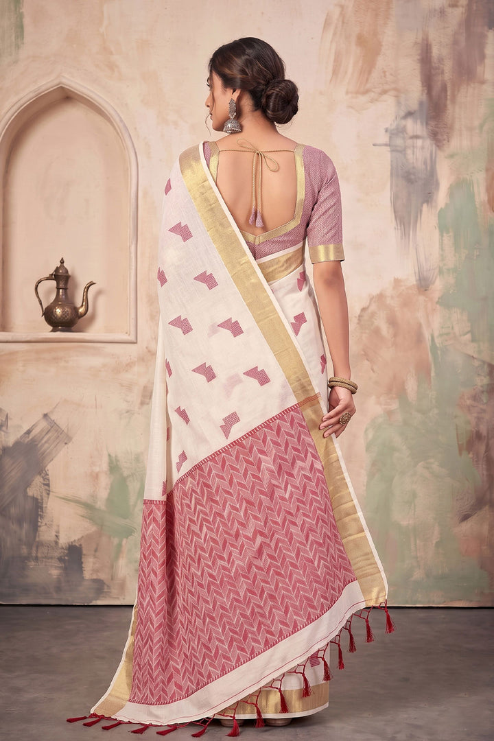 White Color Linen Festive Style Saree | Buy Online India