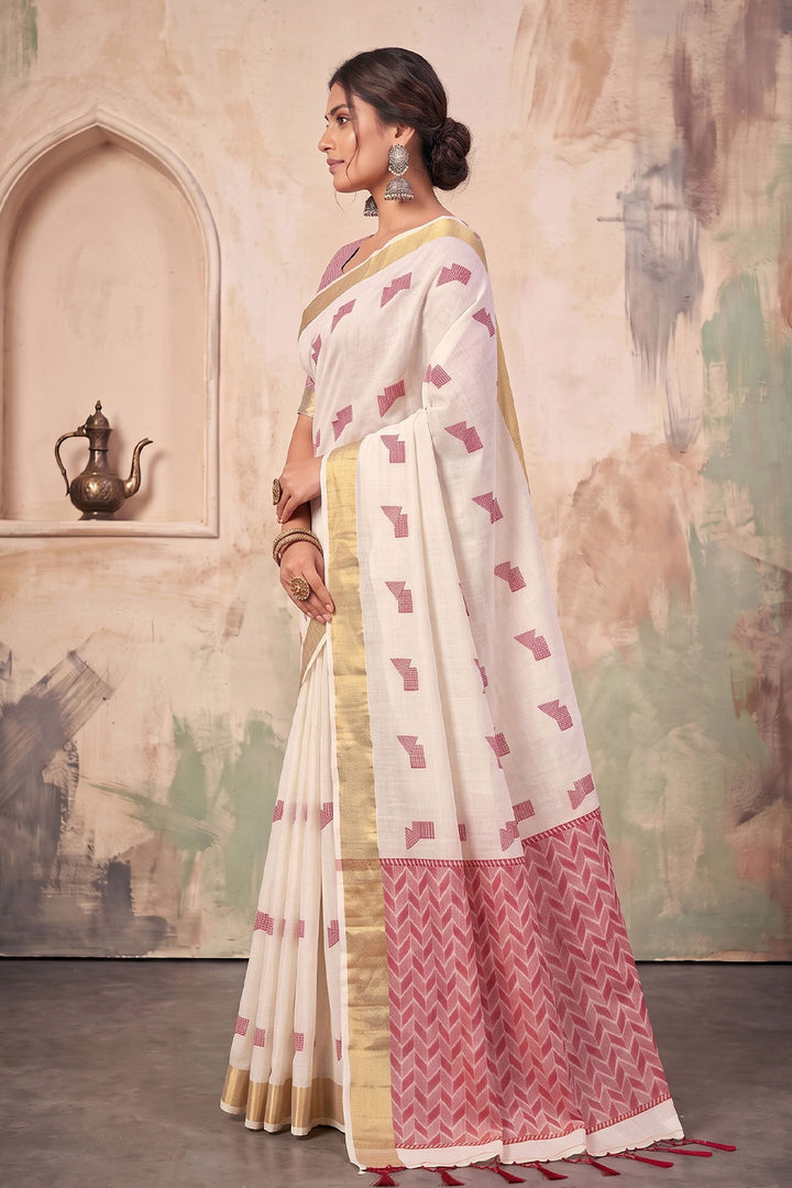 White Color Linen Festive Style Saree | Buy Online India