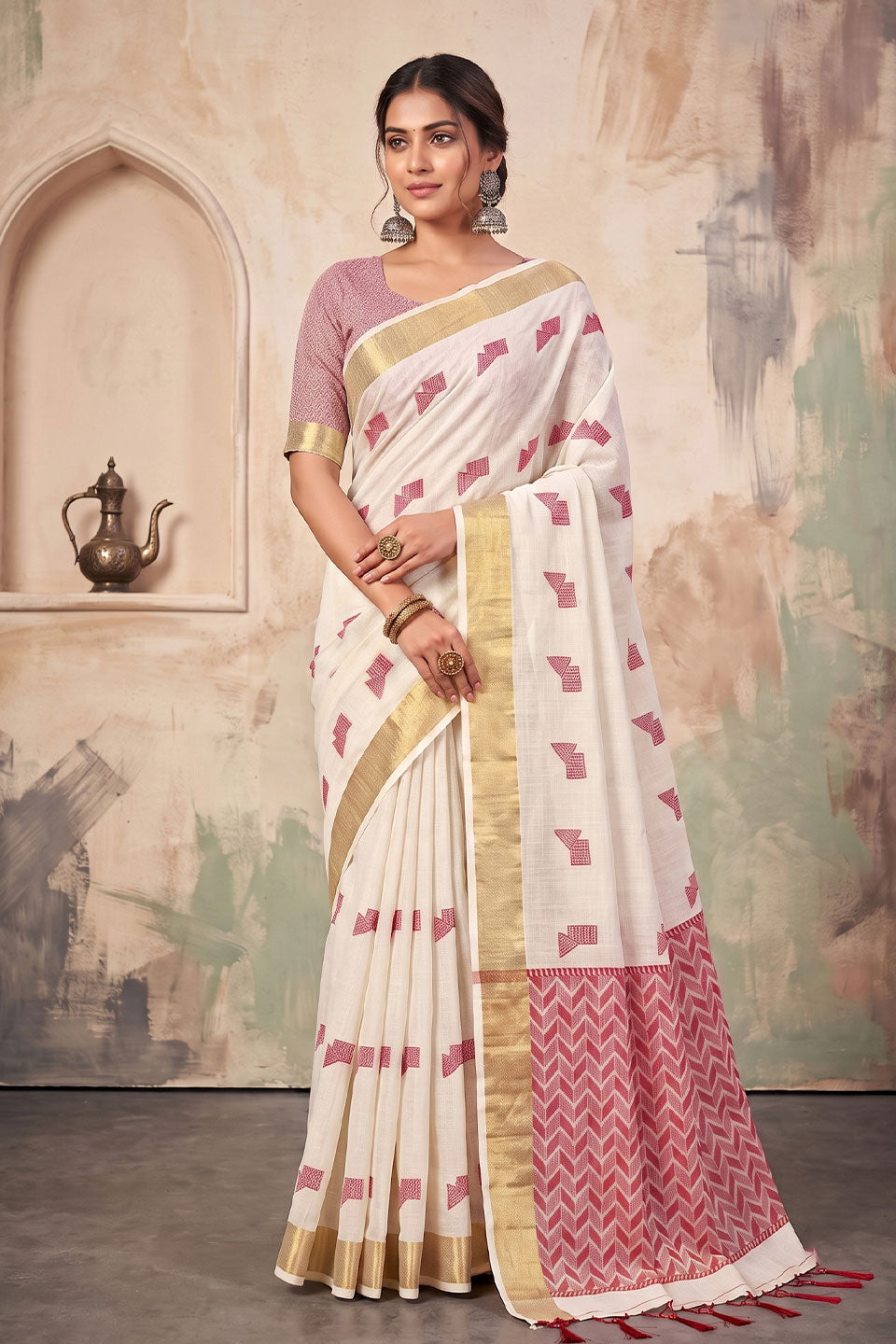 White Color Linen Festive Style Saree | Buy Online India