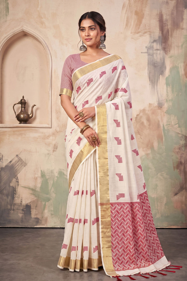 White Color Linen Festive Style Saree | Buy Online India