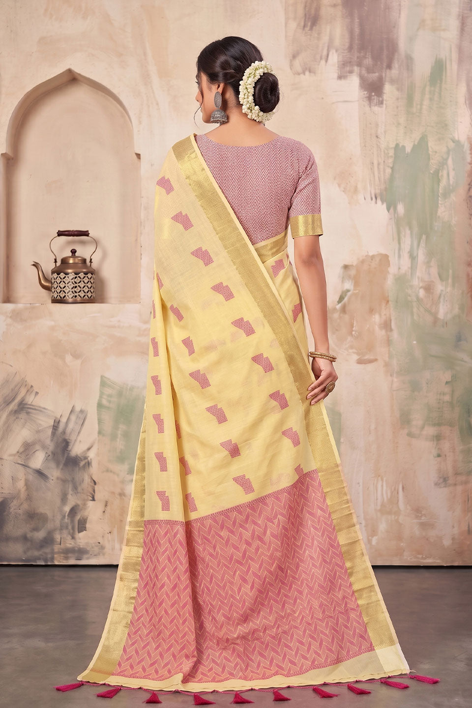 Linen Festive Style Saree In Yellow Color | Buy Online India