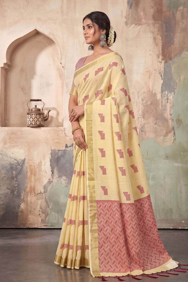 Linen Festive Style Saree In Yellow Color | Buy Online India