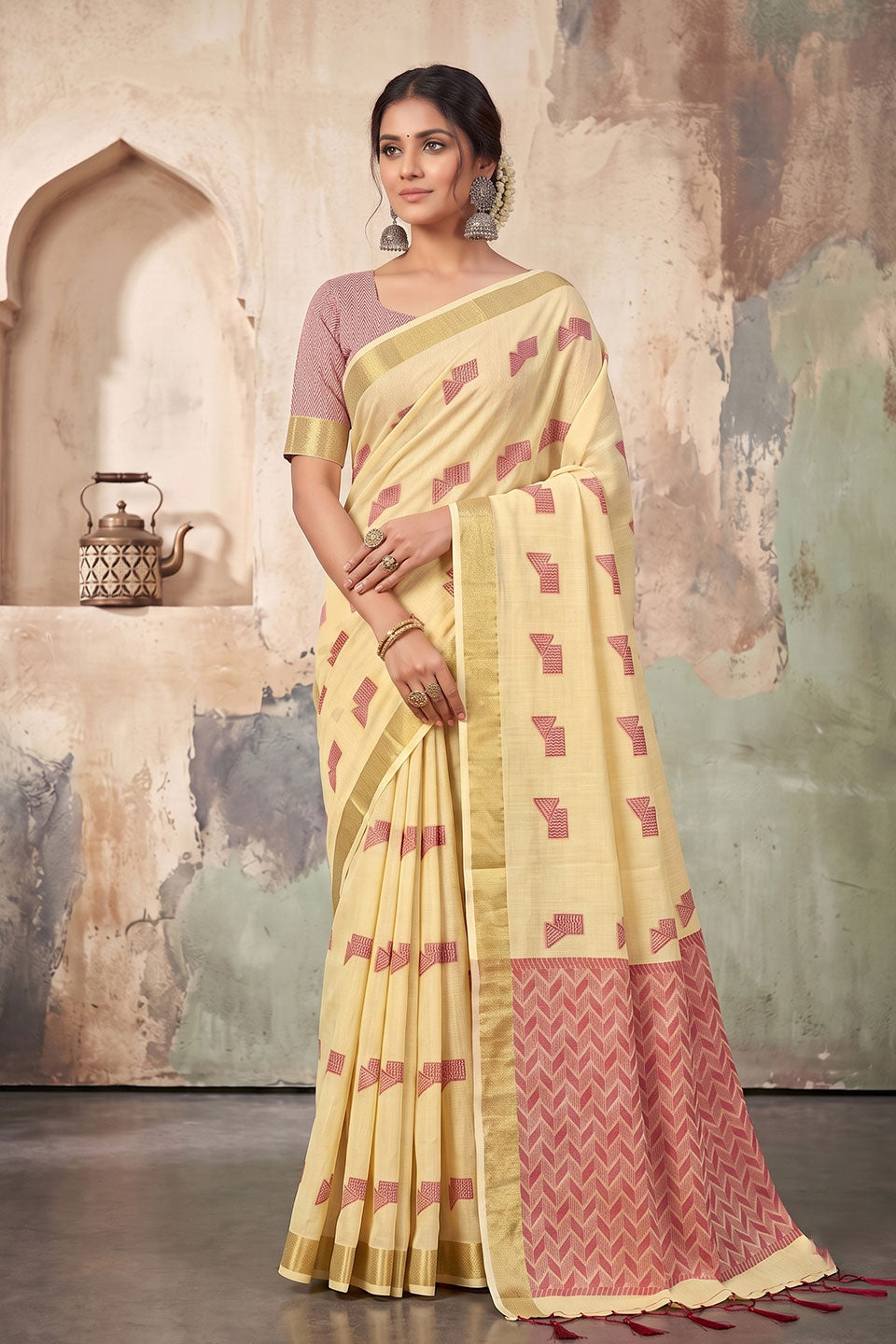 Linen Festive Style Saree In Yellow Color | Buy Online India