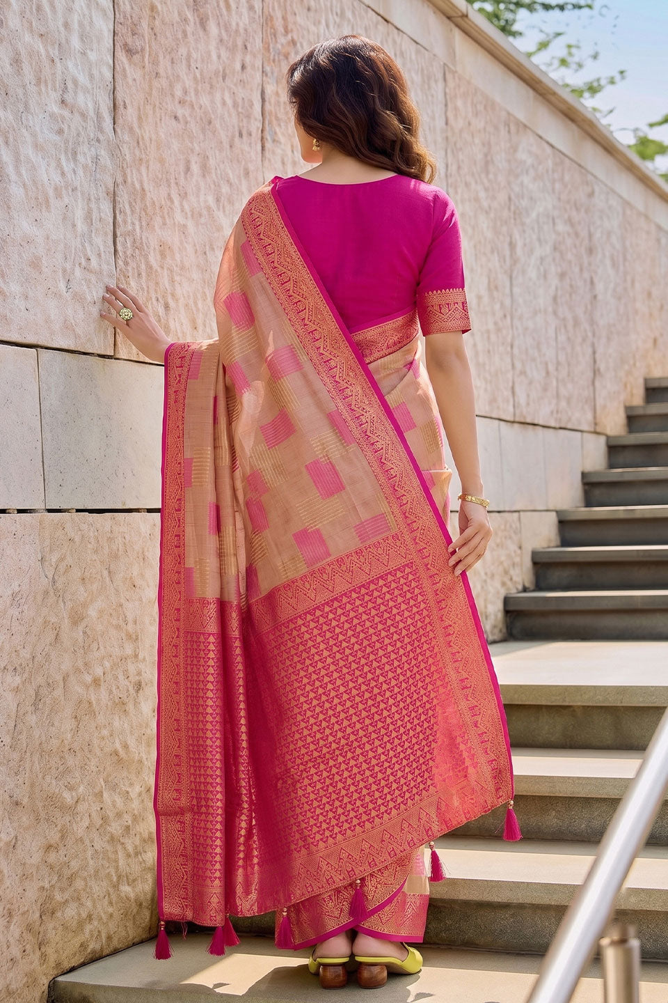 Linen Cotton Weaving Work Saree In Beige Color | Buy Online India