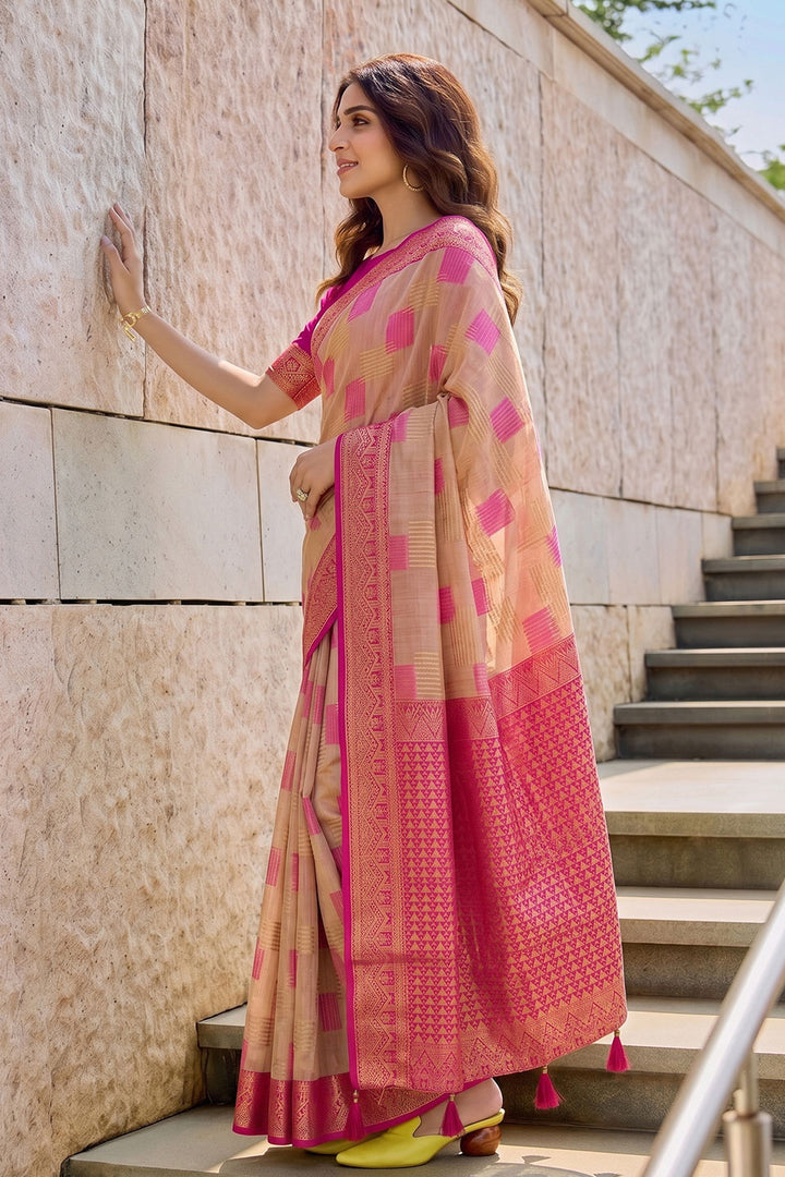 Linen Cotton Weaving Work Saree In Beige Color | Buy Online India