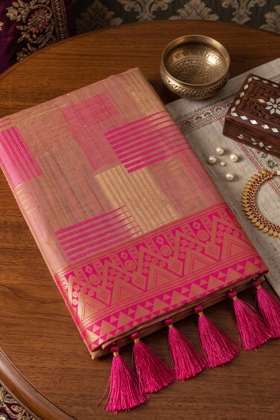 Linen Cotton Weaving Work Saree In Beige Color | Buy Online India