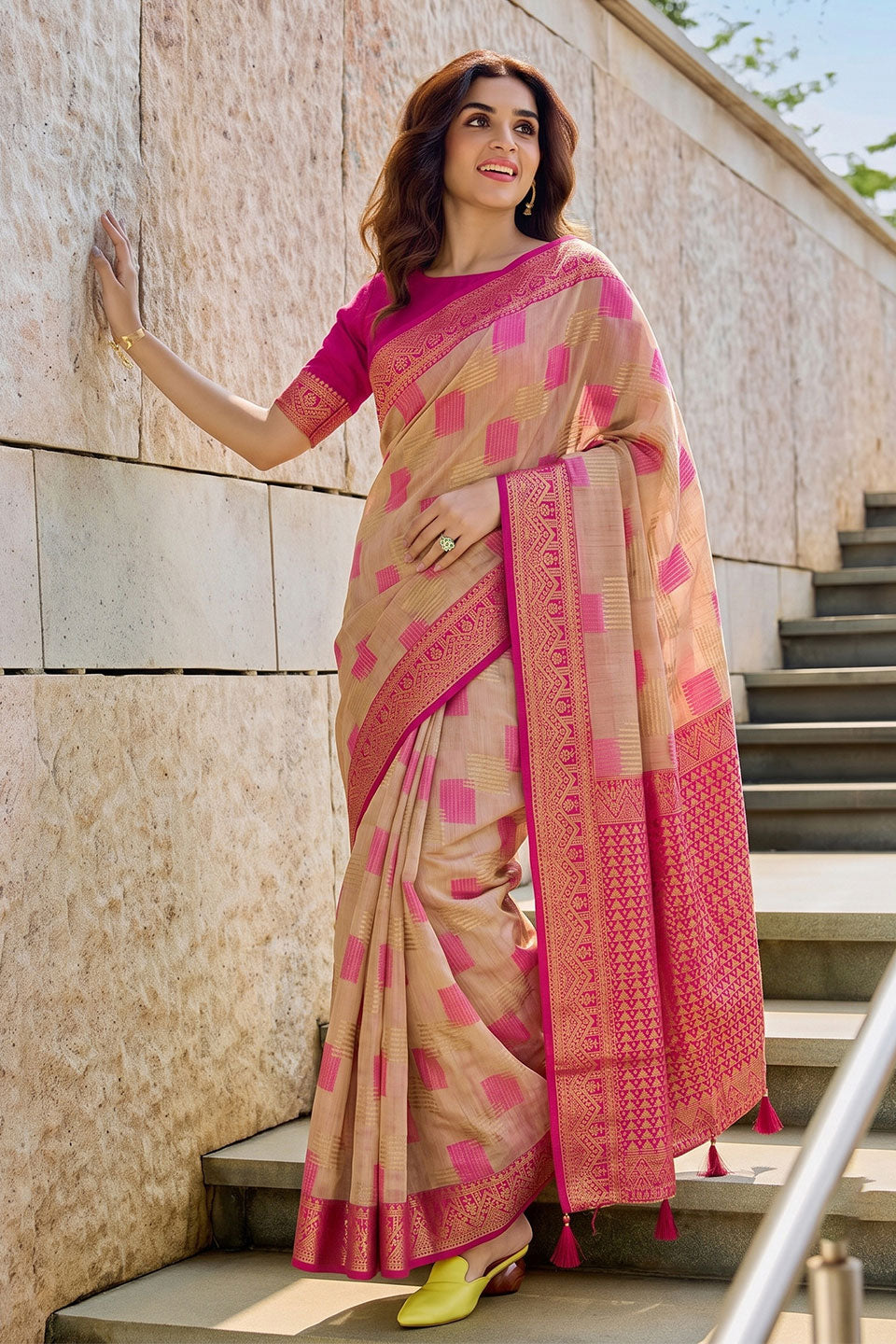 Linen Cotton Weaving Work Saree In Beige Color | Buy Online India