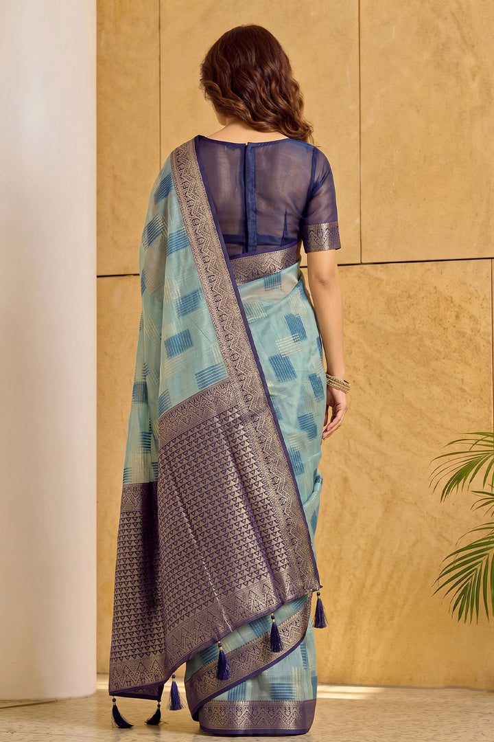 Weaving Designs Linen Cotton Saree In Sky Blue Color | Buy Online India
