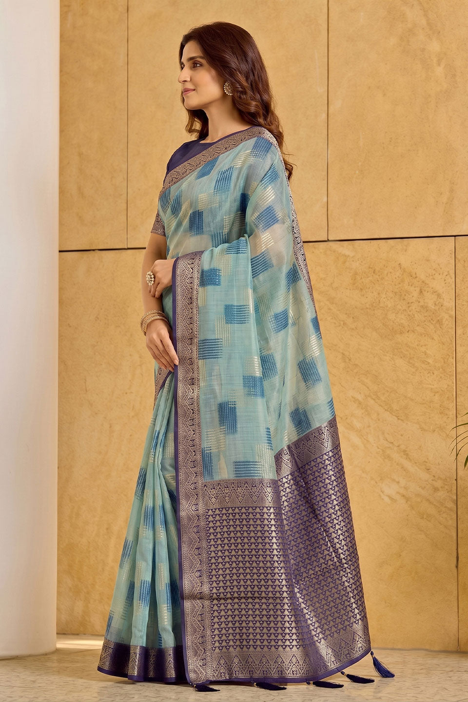 Weaving Designs Linen Cotton Saree In Sky Blue Color | Buy Online India