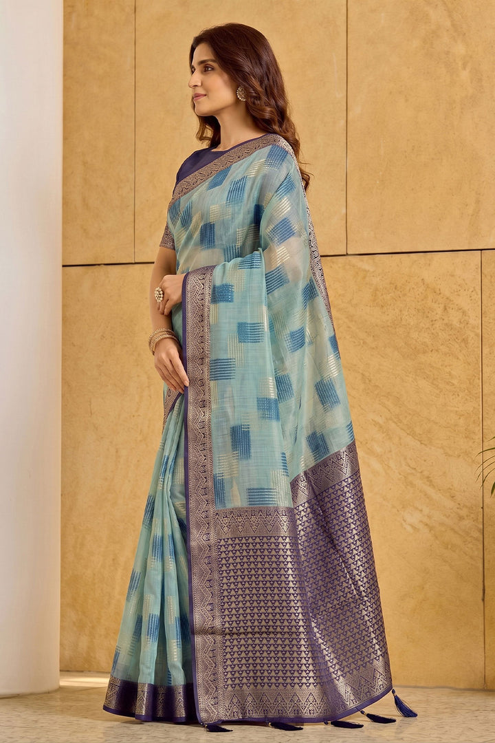 Weaving Designs Linen Cotton Saree In Sky Blue Color | Buy Online India