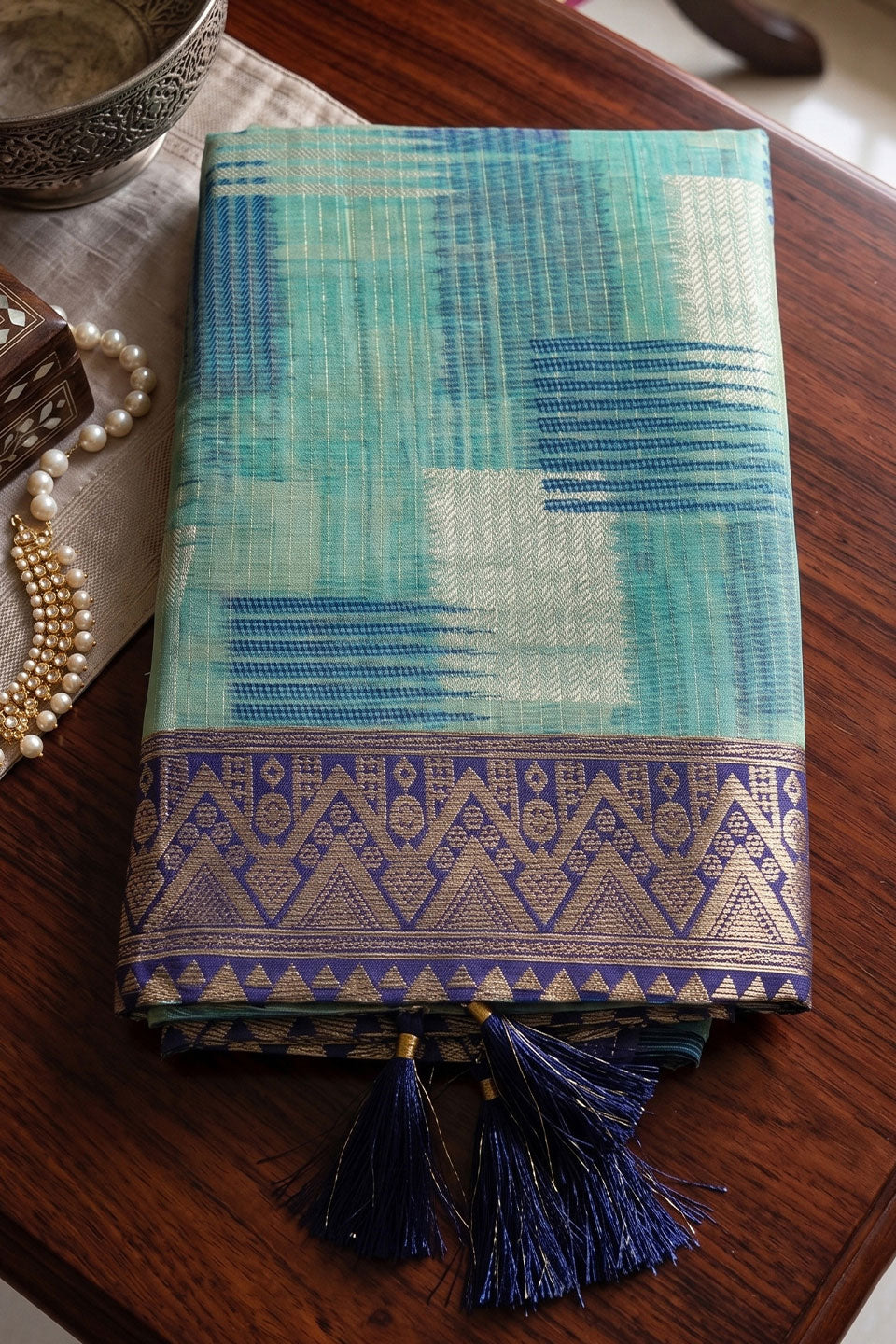 Weaving Designs Linen Cotton Saree In Sky Blue Color | Buy Online India