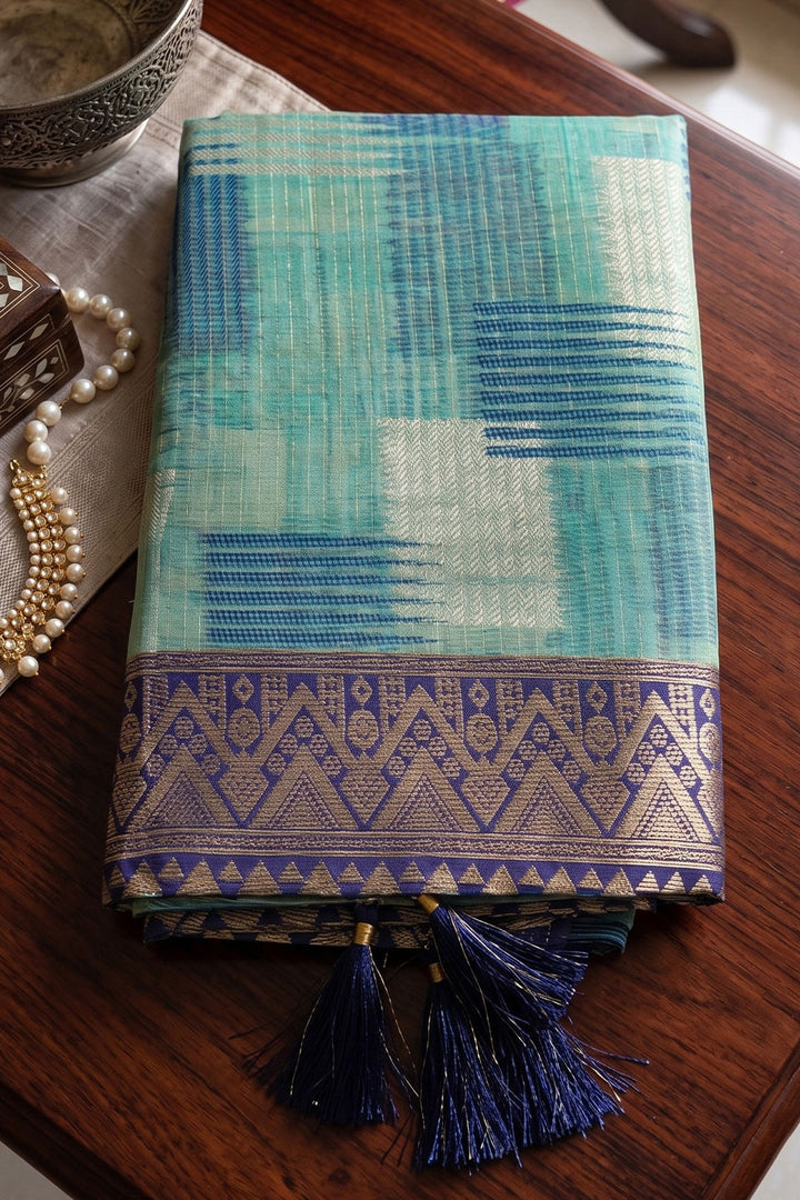 Weaving Designs Linen Cotton Saree In Sky Blue Color | Buy Online India