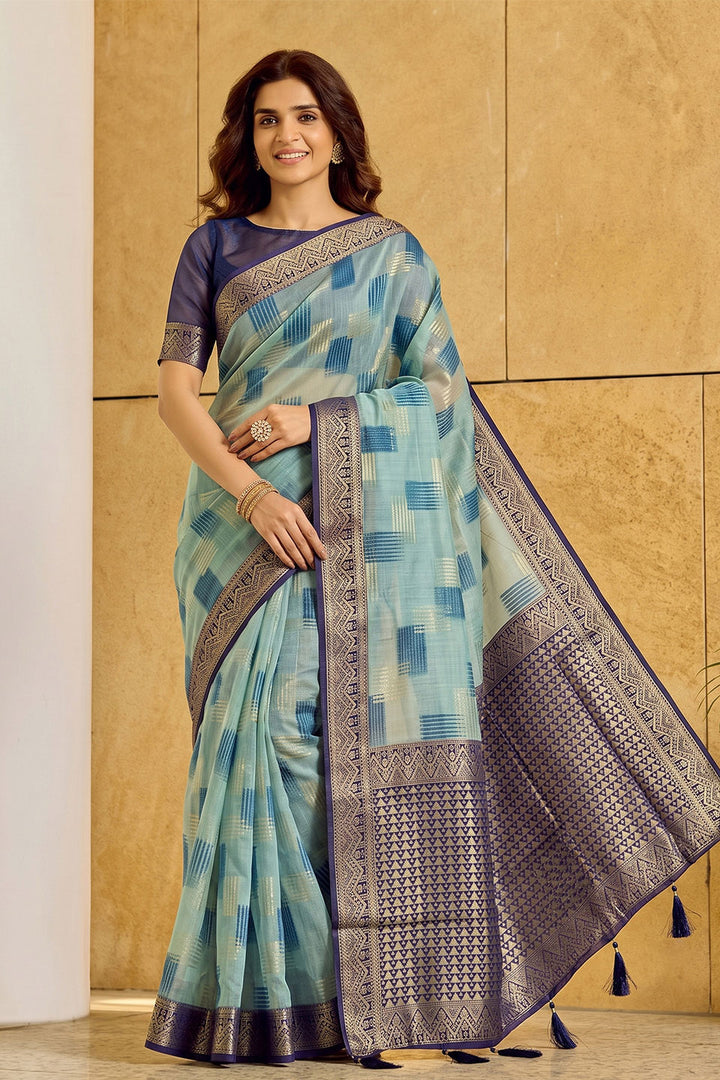 Weaving Designs Linen Cotton Saree In Sky Blue Color | Buy Online India