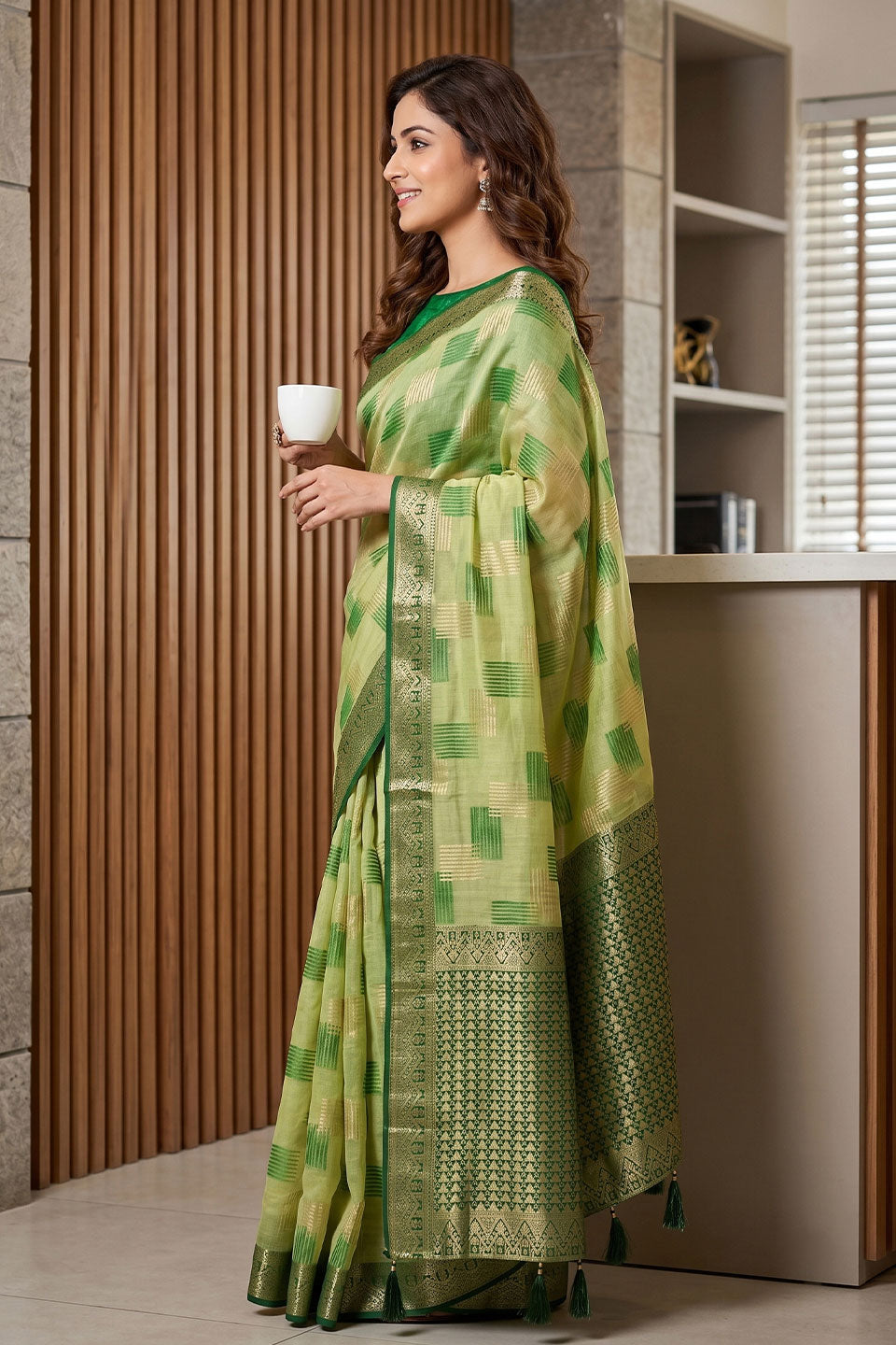 Sea Green Linen Cotton Saree With Weaving Work | Buy Online India