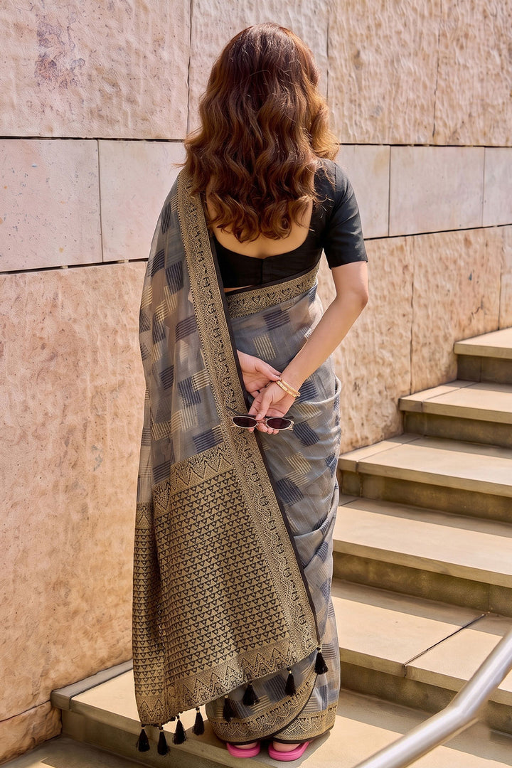 Weaving Work Linen Cotton Saree In Grey Color | Buy Online India