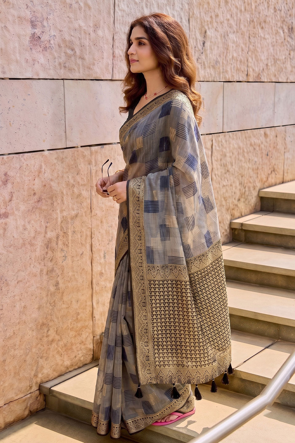 Weaving Work Linen Cotton Saree In Grey Color | Buy Online India