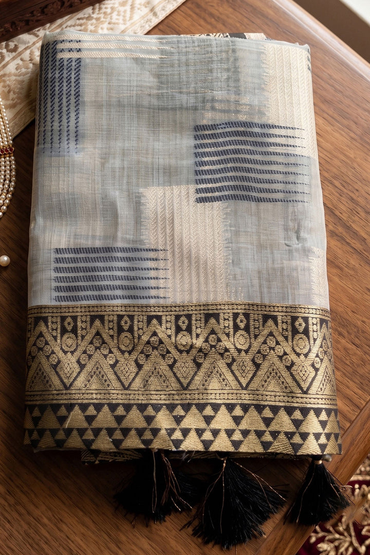 Weaving Work Linen Cotton Saree In Grey Color | Buy Online India