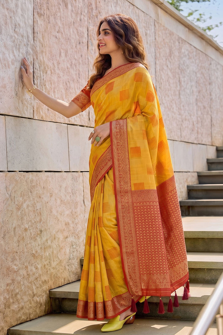Yellow Color Linen Cotton Saree For Festival | Buy Online India