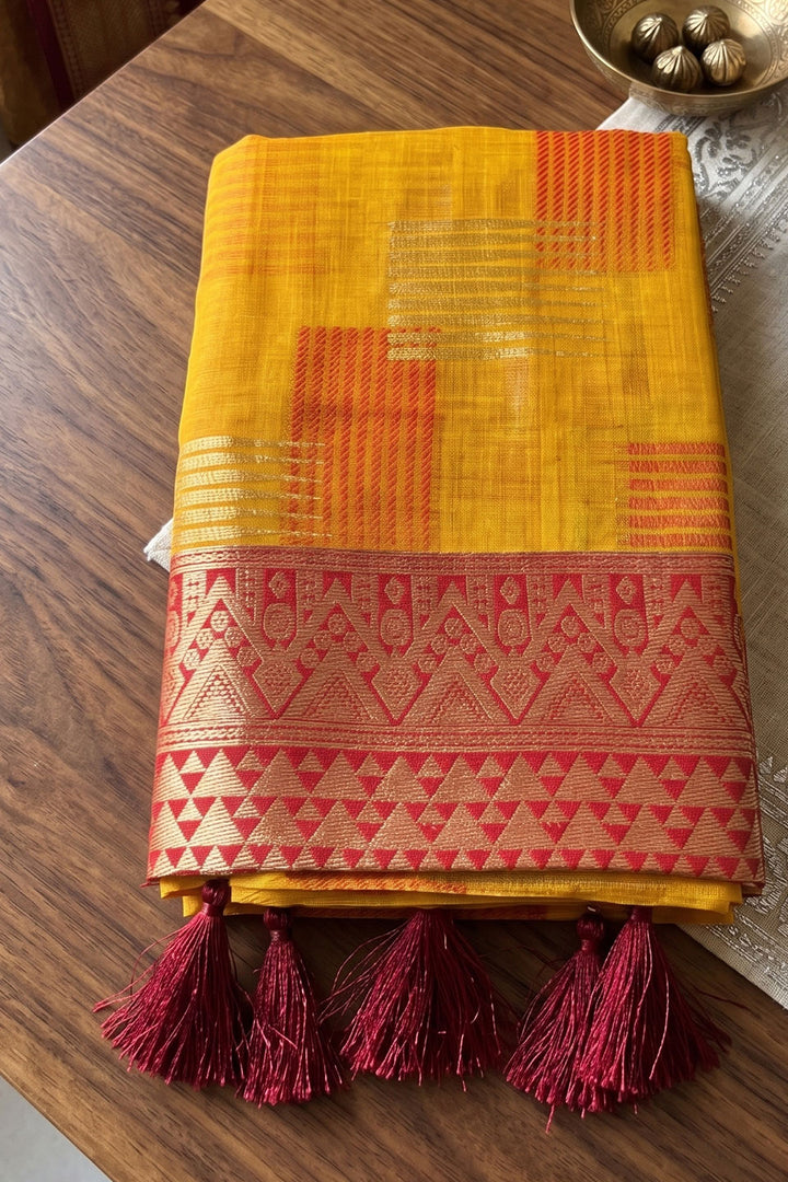 Yellow Color Linen Cotton Saree For Festival | Buy Online India