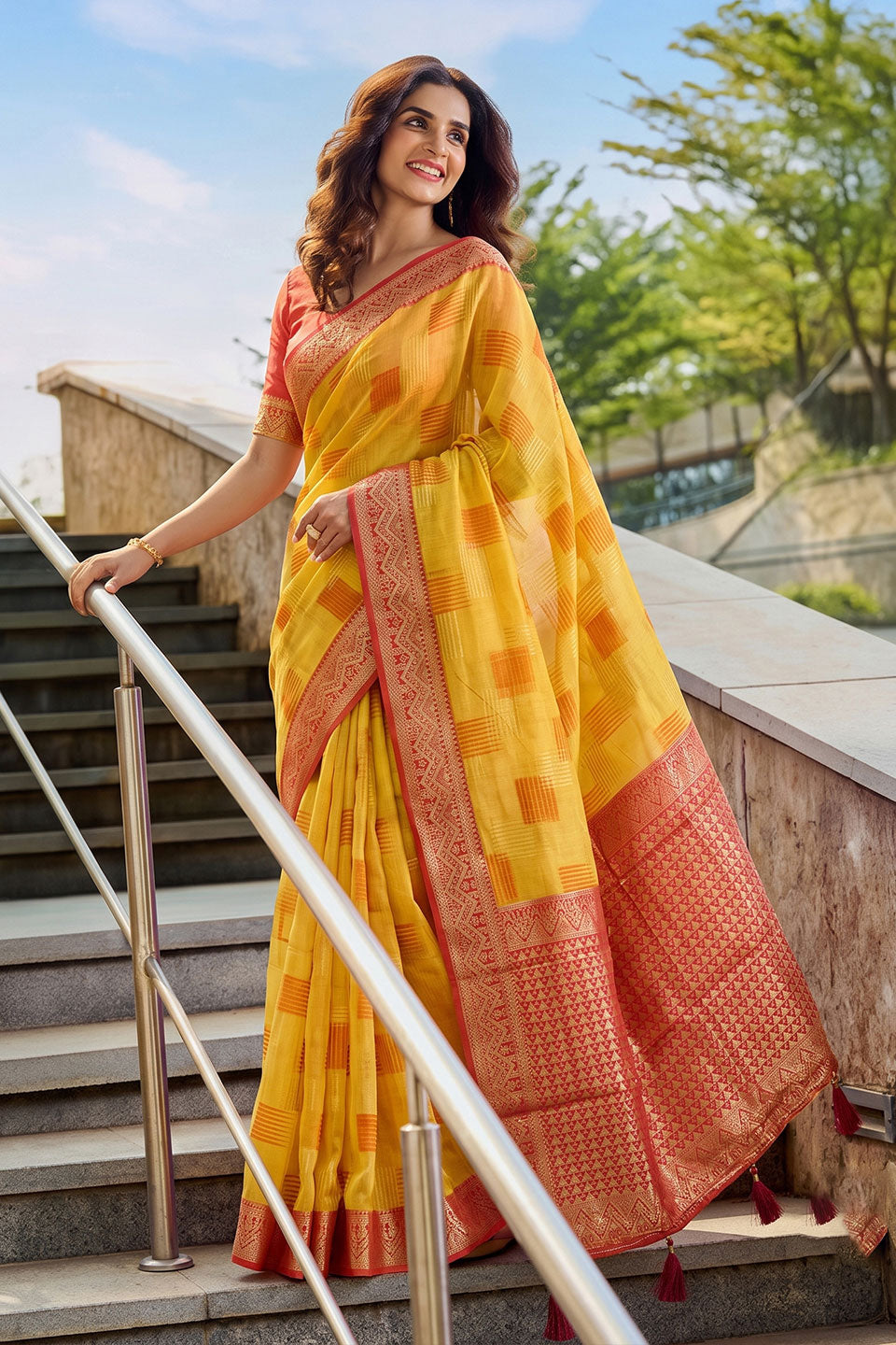 Yellow Color Linen Cotton Saree For Festival | Buy Online India