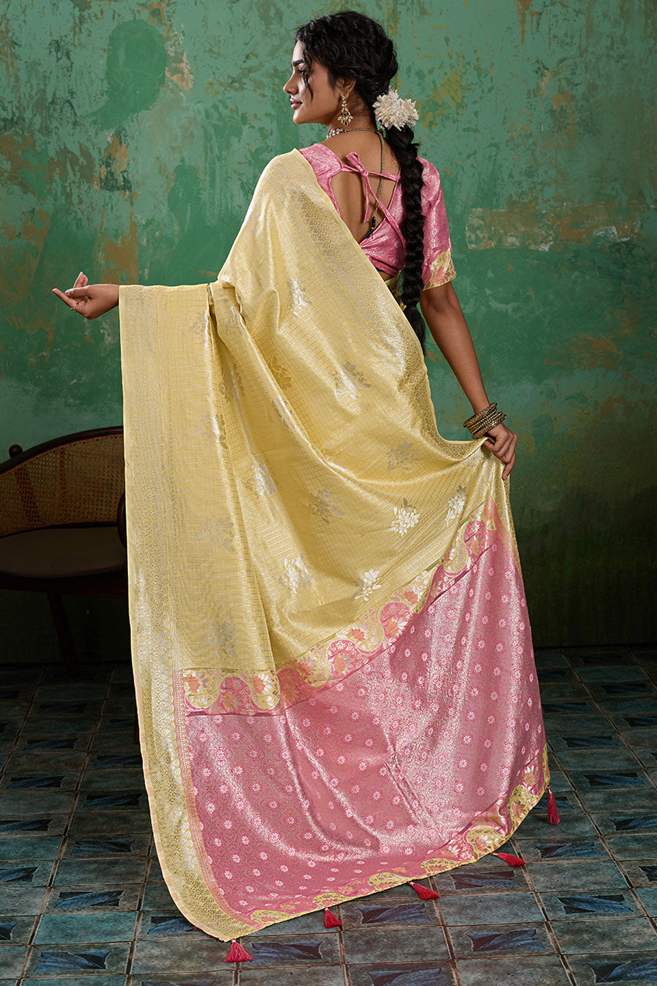 Linen Cotton Weaving Designs Saree In Yellow Color | Buy Online India