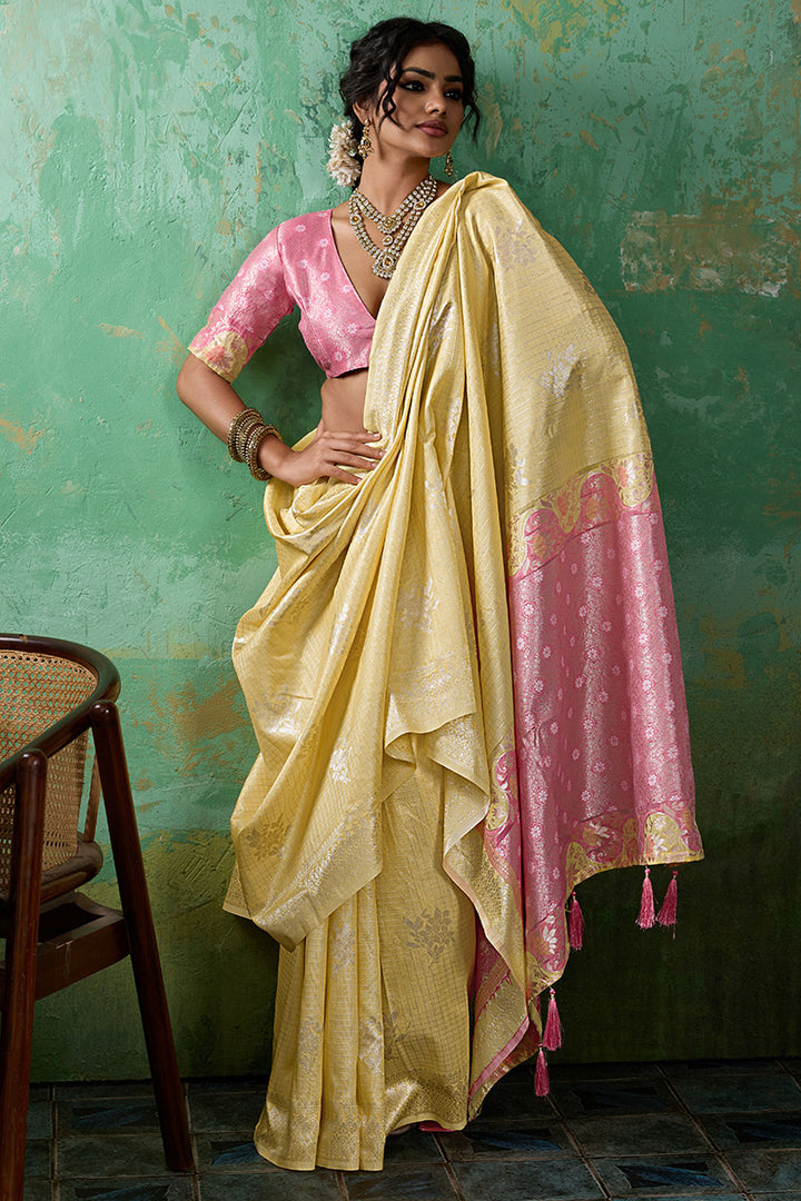 Linen Cotton Weaving Designs Saree In Yellow Color | Buy Online India