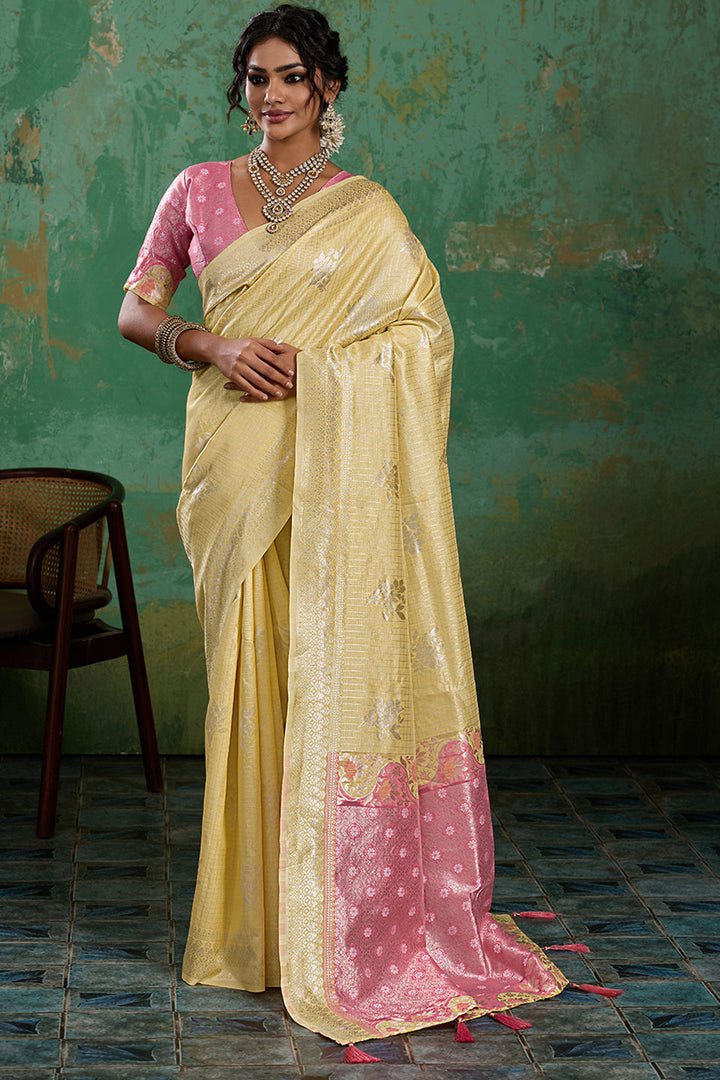 Linen Cotton Weaving Designs Saree In Yellow Color | Buy Online India