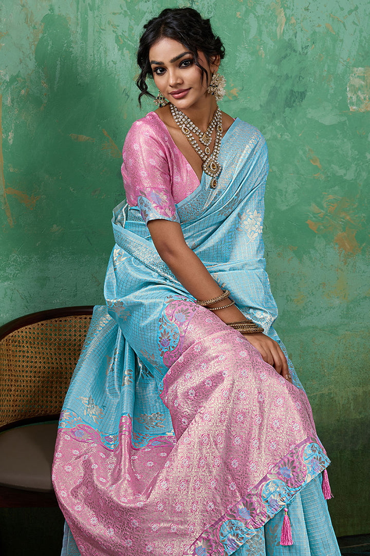 Linen Cotton Weaving Designs Saree In Sky Blue Color | Buy Online India