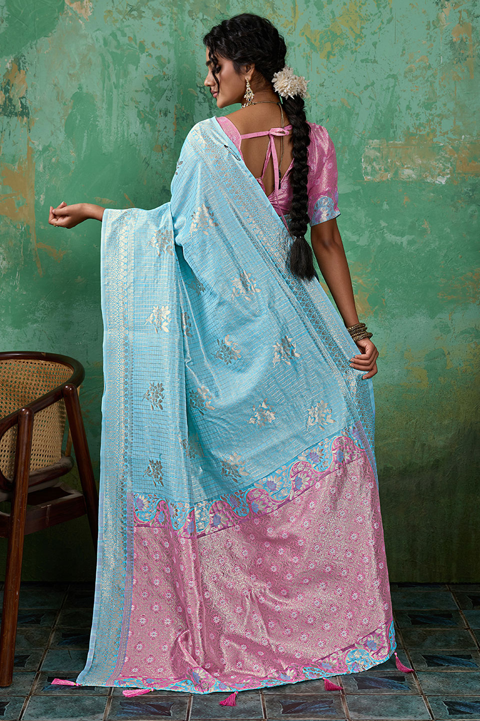 Linen Cotton Weaving Designs Saree In Sky Blue Color | Buy Online India