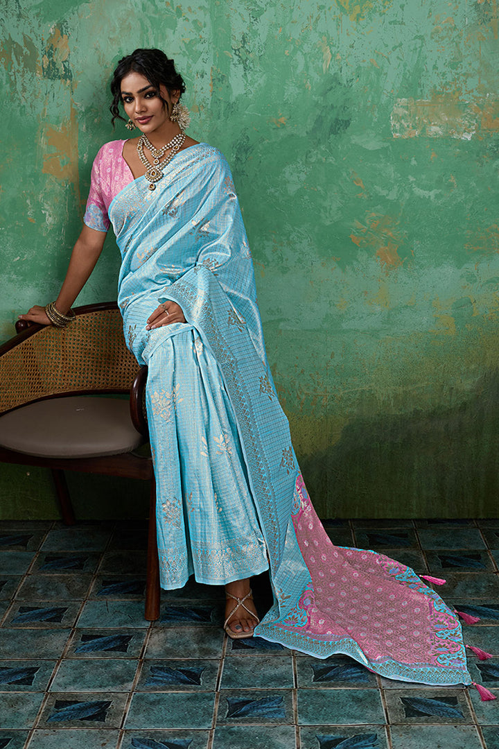 Linen Cotton Weaving Designs Saree In Sky Blue Color | Buy Online India