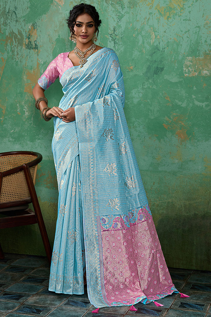 Linen Cotton Weaving Designs Saree In Sky Blue Color | Buy Online India