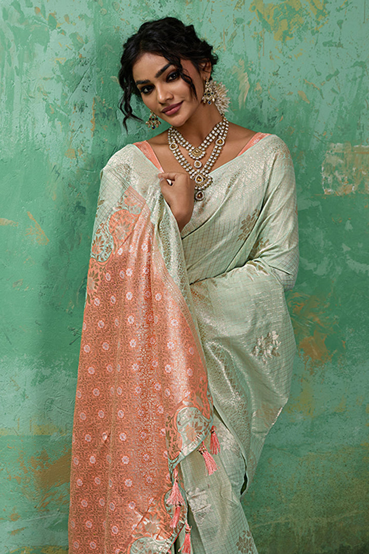 Sea Green Linen Cotton Weaving Designs Saree | Buy Online India