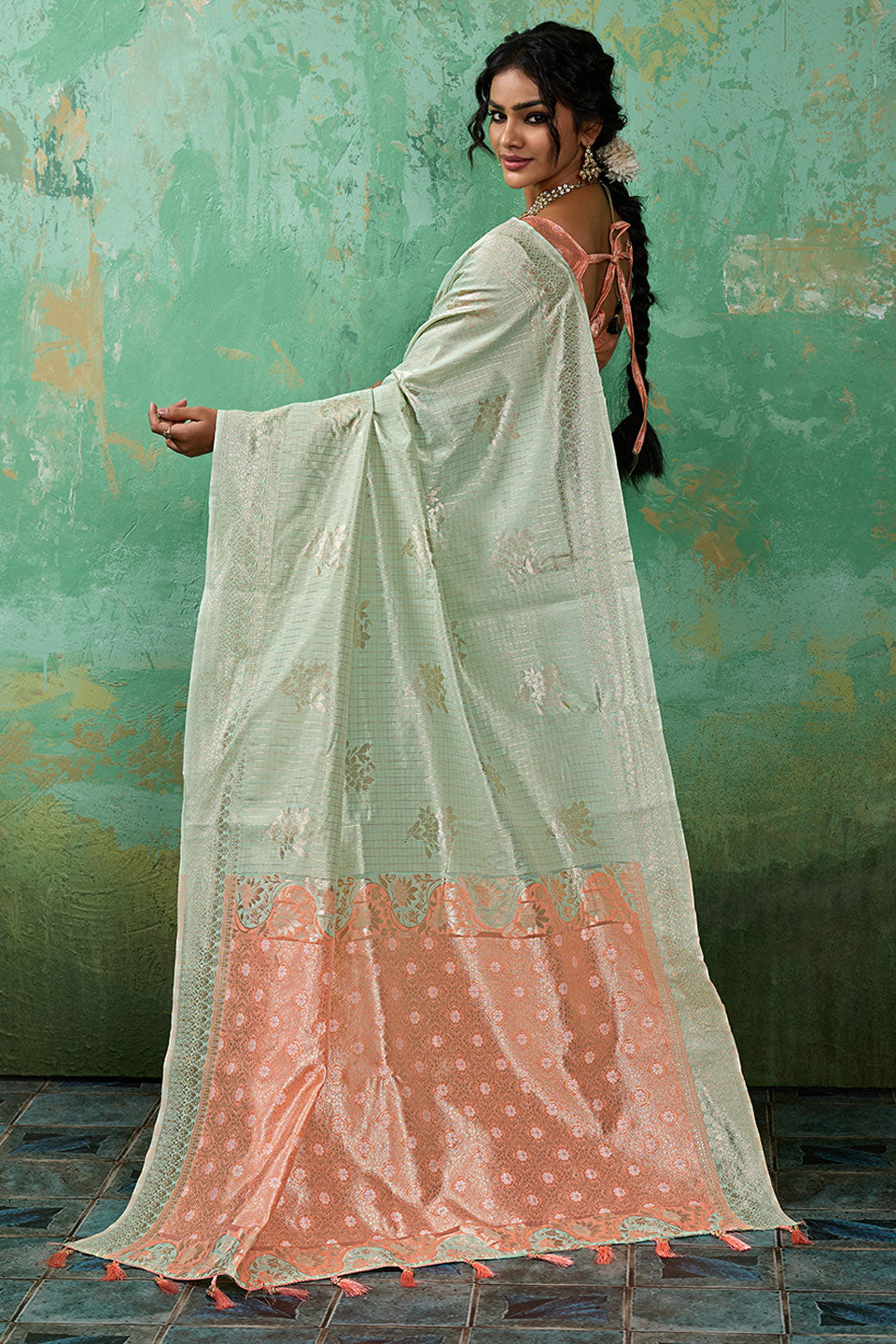 Sea Green Linen Cotton Weaving Designs Saree | Buy Online India